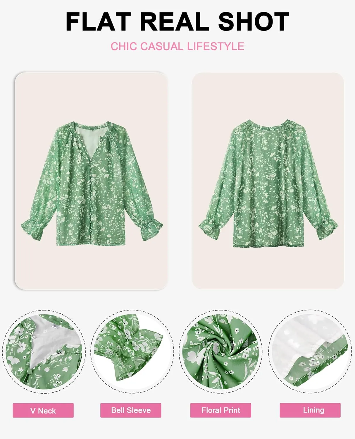 Womens Casual Boho Floral Print V Neck Long Sleeve Blouses Button Down Shirts Dressy Chiffon Loose Ruffle Tops