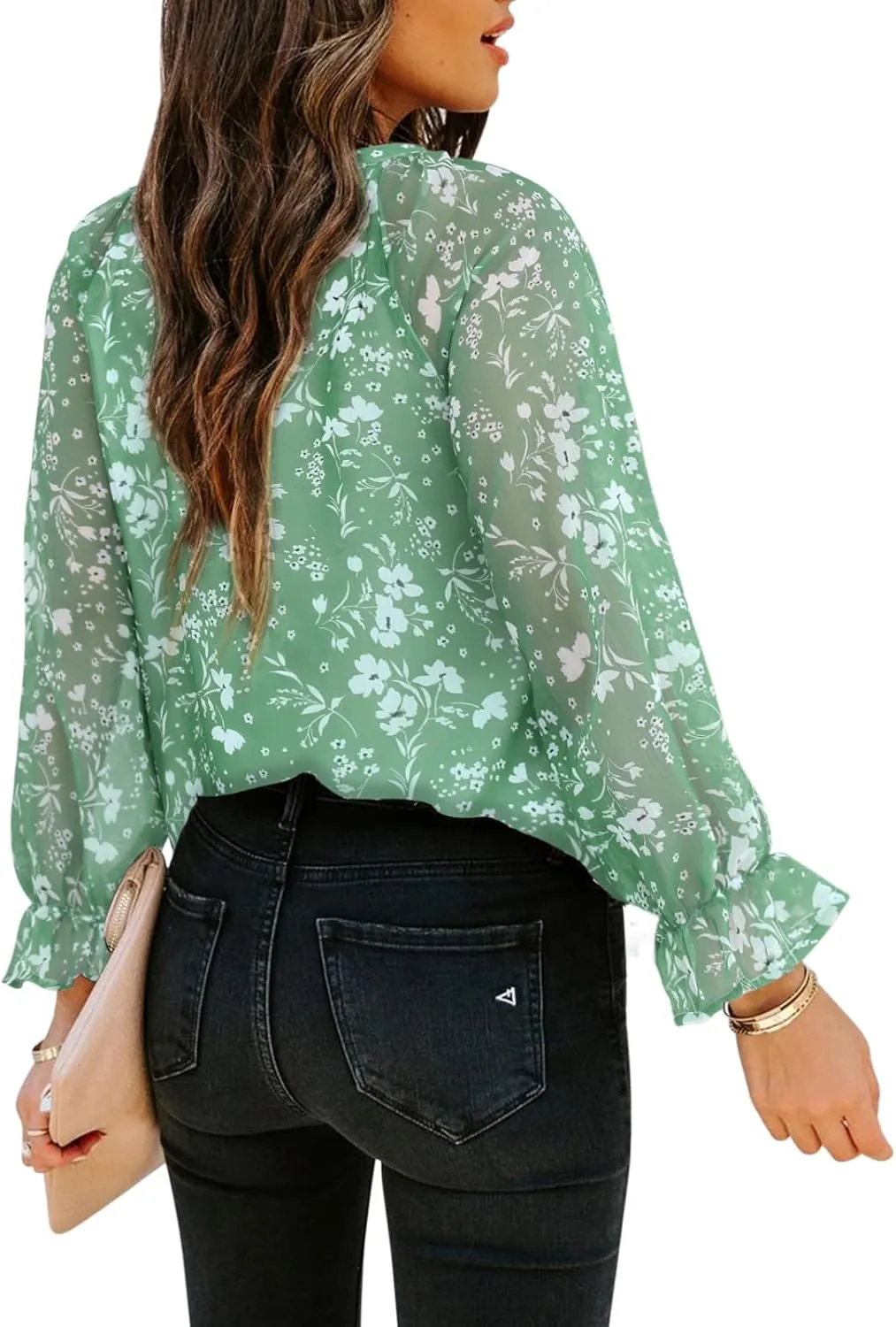 Womens Casual Boho Floral Print V Neck Long Sleeve Blouses Button Down Shirts Dressy Chiffon Loose Ruffle Tops