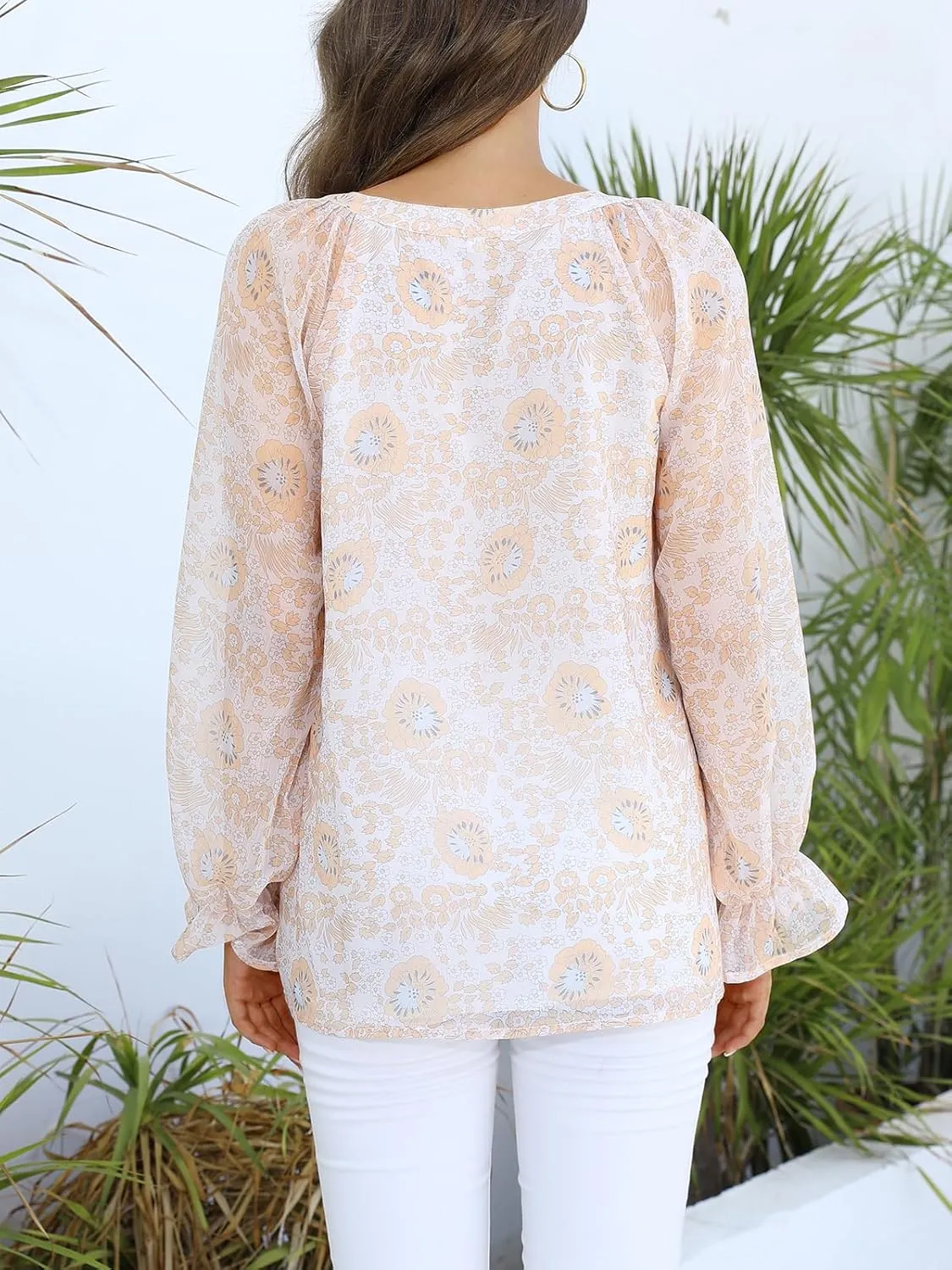 Womens Casual Boho Floral Print V Neck Long Sleeve Blouses Button Down Shirts Dressy Chiffon Loose Ruffle Tops