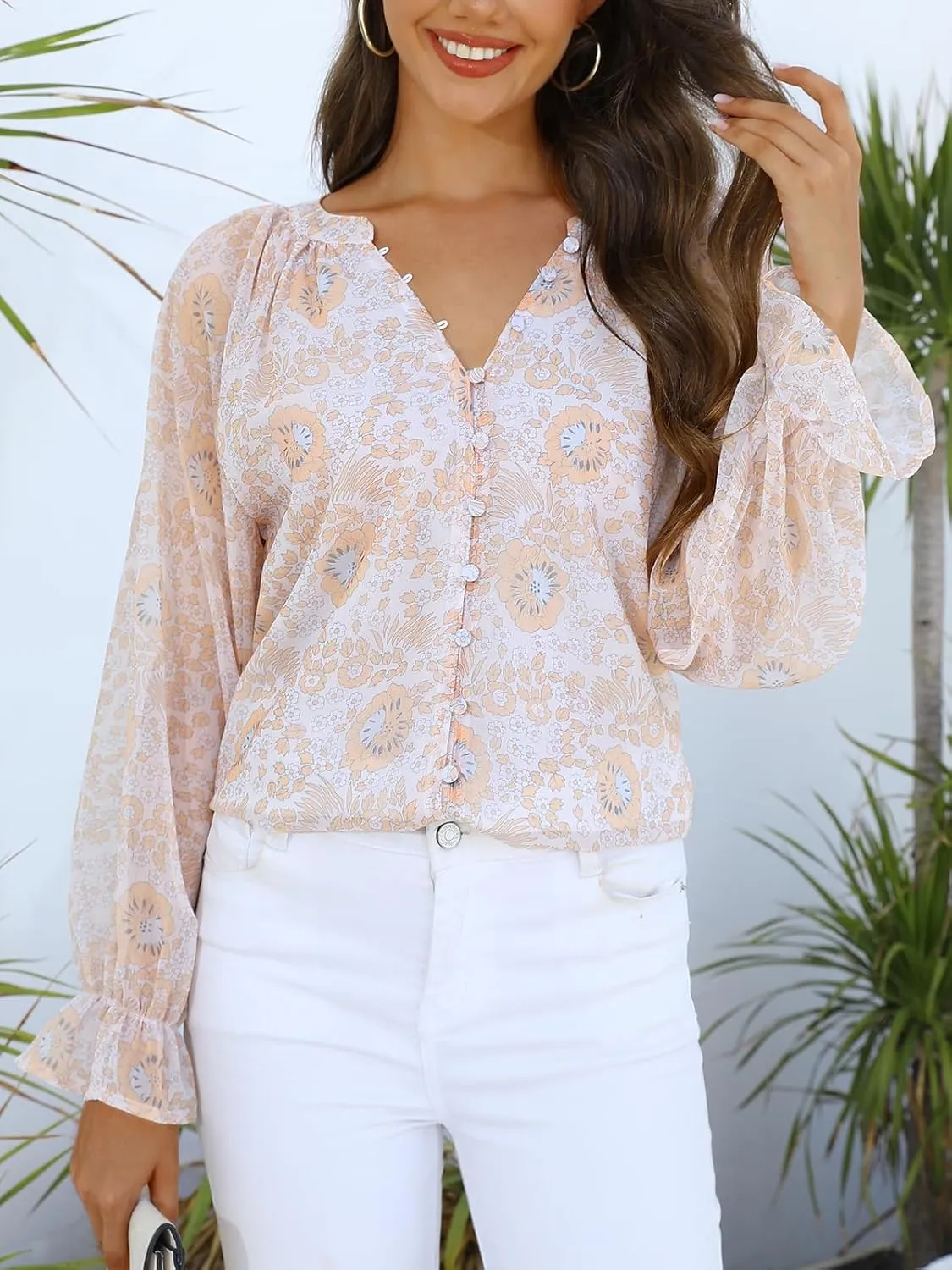 Womens Casual Boho Floral Print V Neck Long Sleeve Blouses Button Down Shirts Dressy Chiffon Loose Ruffle Tops