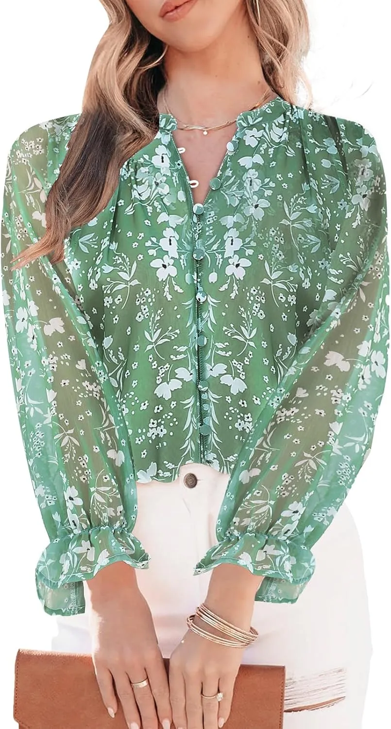 Womens Casual Boho Floral Print V Neck Long Sleeve Blouses Button Down Shirts Dressy Chiffon Loose Ruffle Tops