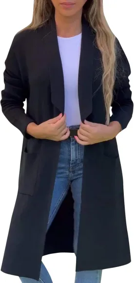 Womens Fall Fashion 2024 Long Sleeve Maxi Cardigan Open Front Oversized Coat Casual Lapel Warm Overcoat with Pockets