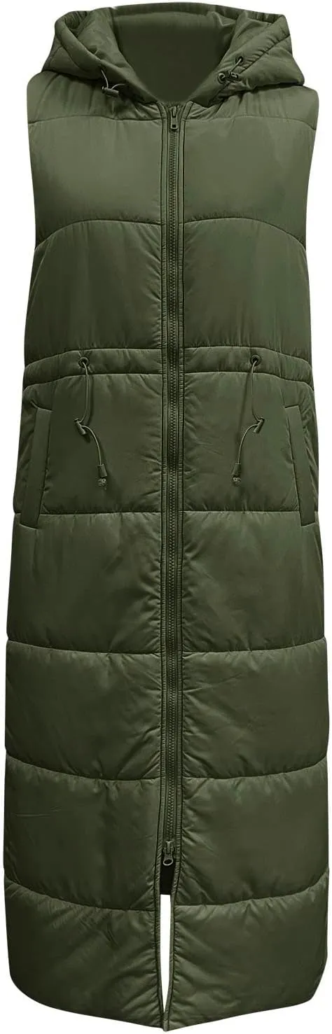 Women's Long Quilted Vest Coat Hooded Maxi Length Sleeveless Puffer Vest Padded Coat Winter Vest Outerwear