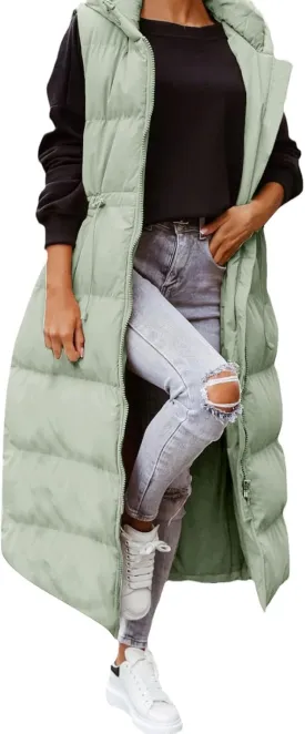Women's Long Quilted Vest Coat Hooded Maxi Length Sleeveless Puffer Vest Padded Coat Winter Vest Outerwear