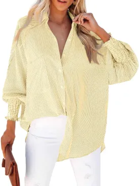 Womens Smocked Cuffed Striped Boyfriend Shirt Casual Collar Puff Sleeve Oversized Button Down Blouse Tops with Pocket Shirred