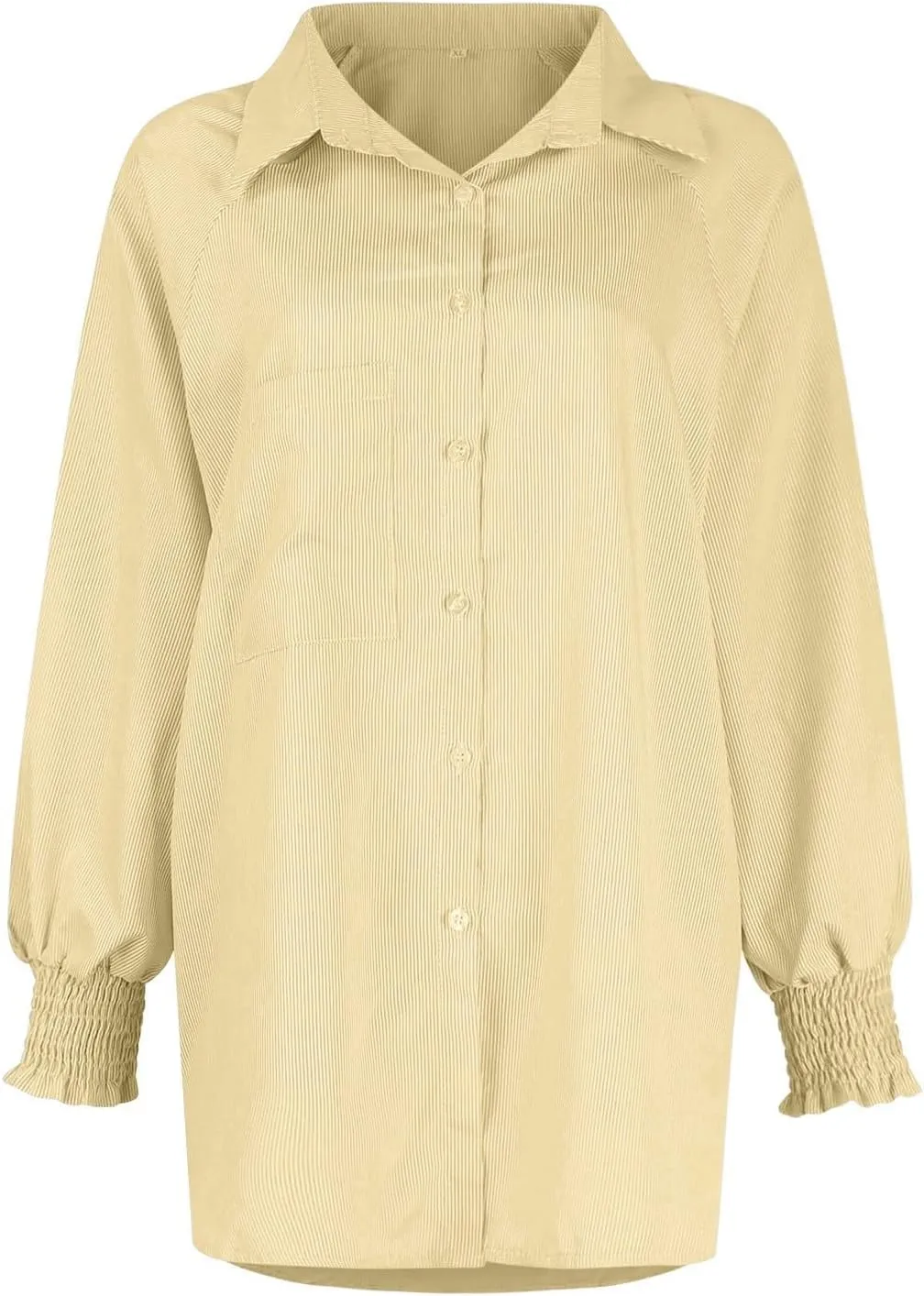 Womens Smocked Cuffed Striped Boyfriend Shirt Casual Collar Puff Sleeve Oversized Button Down Blouse Tops with Pocket Shirred