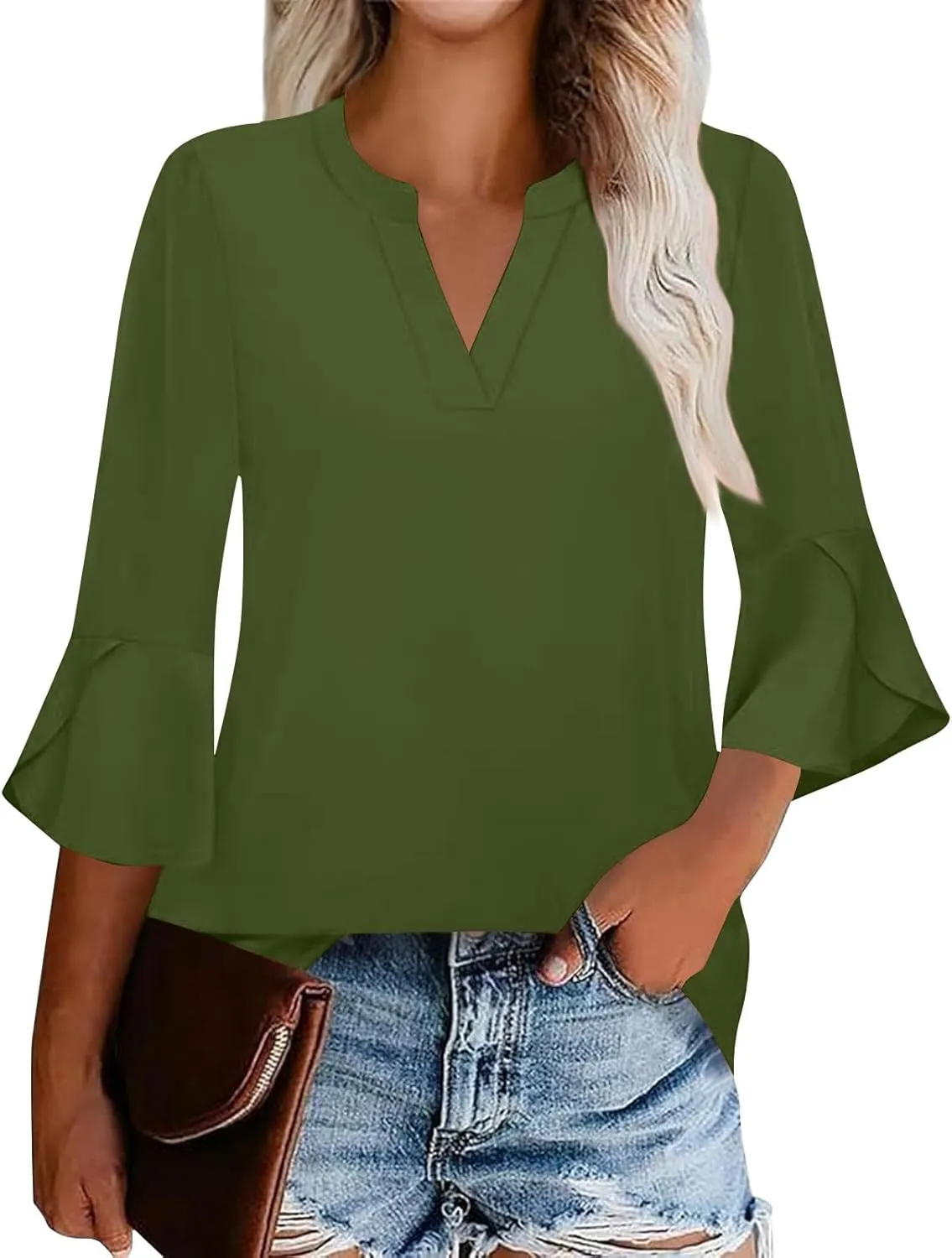 Womens Tops Dressy Casual V Neck 3/4 Length Sleeve Oversized Tshirts Tops Trendy Henley Neck Business Tunics or Tops