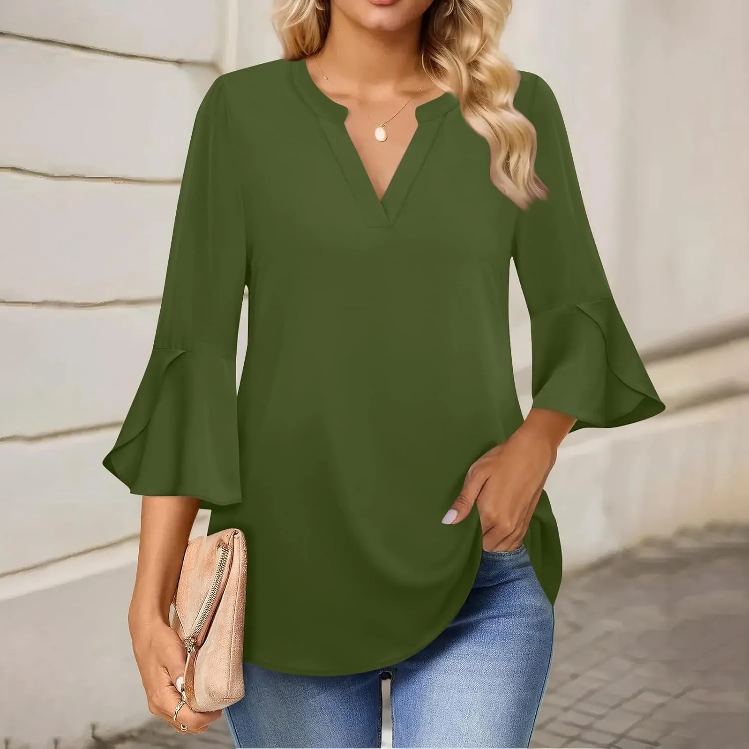 Womens Tops Dressy Casual V Neck 3/4 Length Sleeve Oversized Tshirts Tops Trendy Henley Neck Business Tunics or Tops