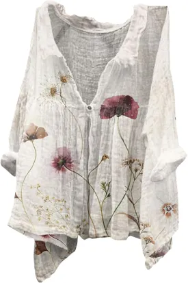 Womens V Neck Blouses Tops Women's Floral Butterfly Print Natural Autumn Fragrant Shirts Long Sleeve Cotton
