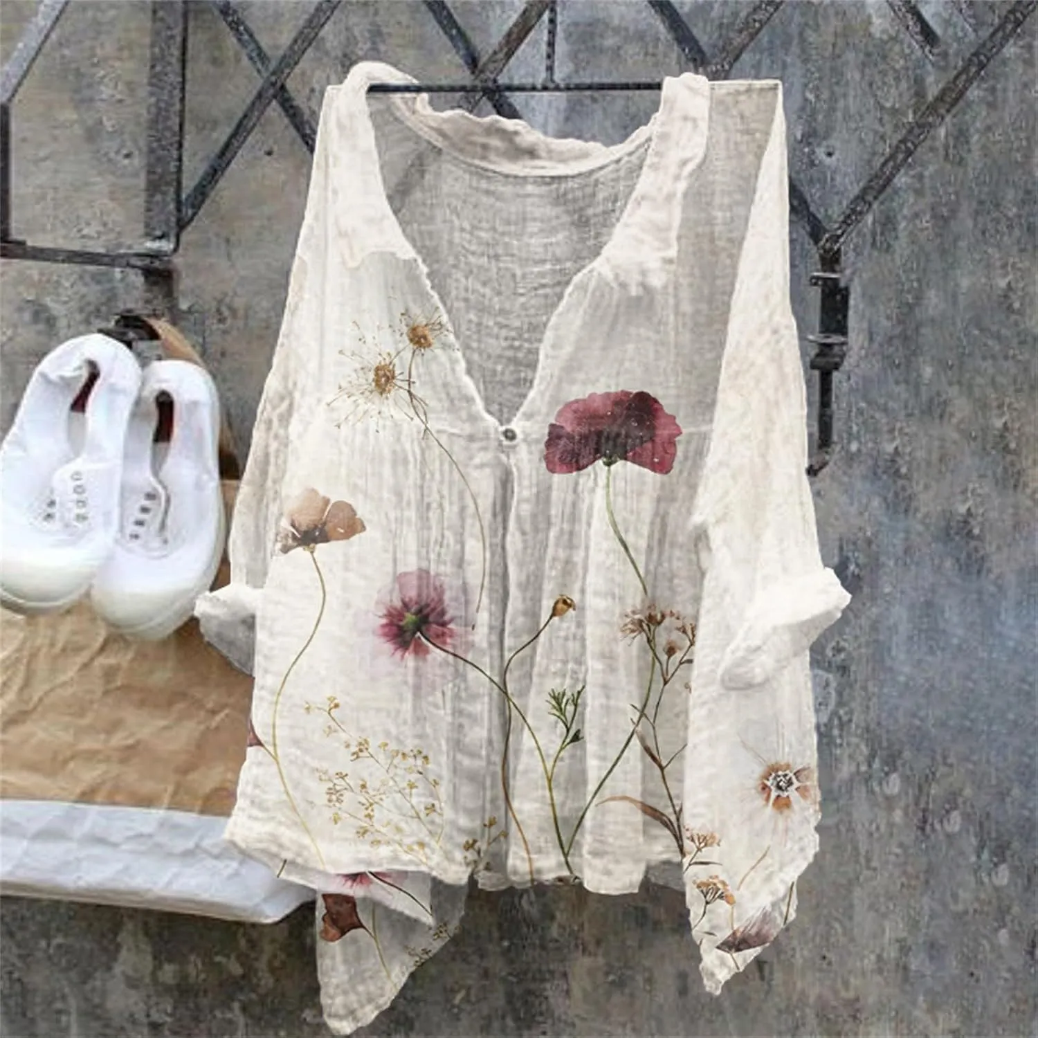 Womens V Neck Blouses Tops Women's Floral Butterfly Print Natural Autumn Fragrant Shirts Long Sleeve Cotton