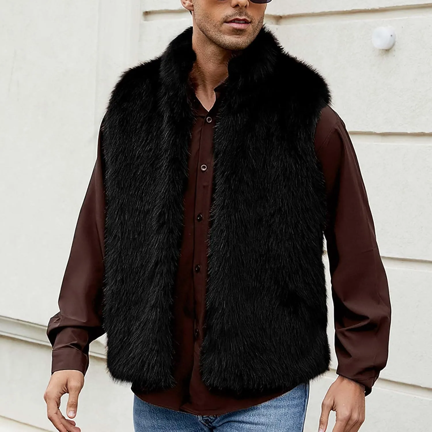 yardsong Faux Fur Vest Men Luxury Faux Fur Hoodie Gilet Coats Fashion Open Front Lapel Collar Fluffy Sleeveless Jackets