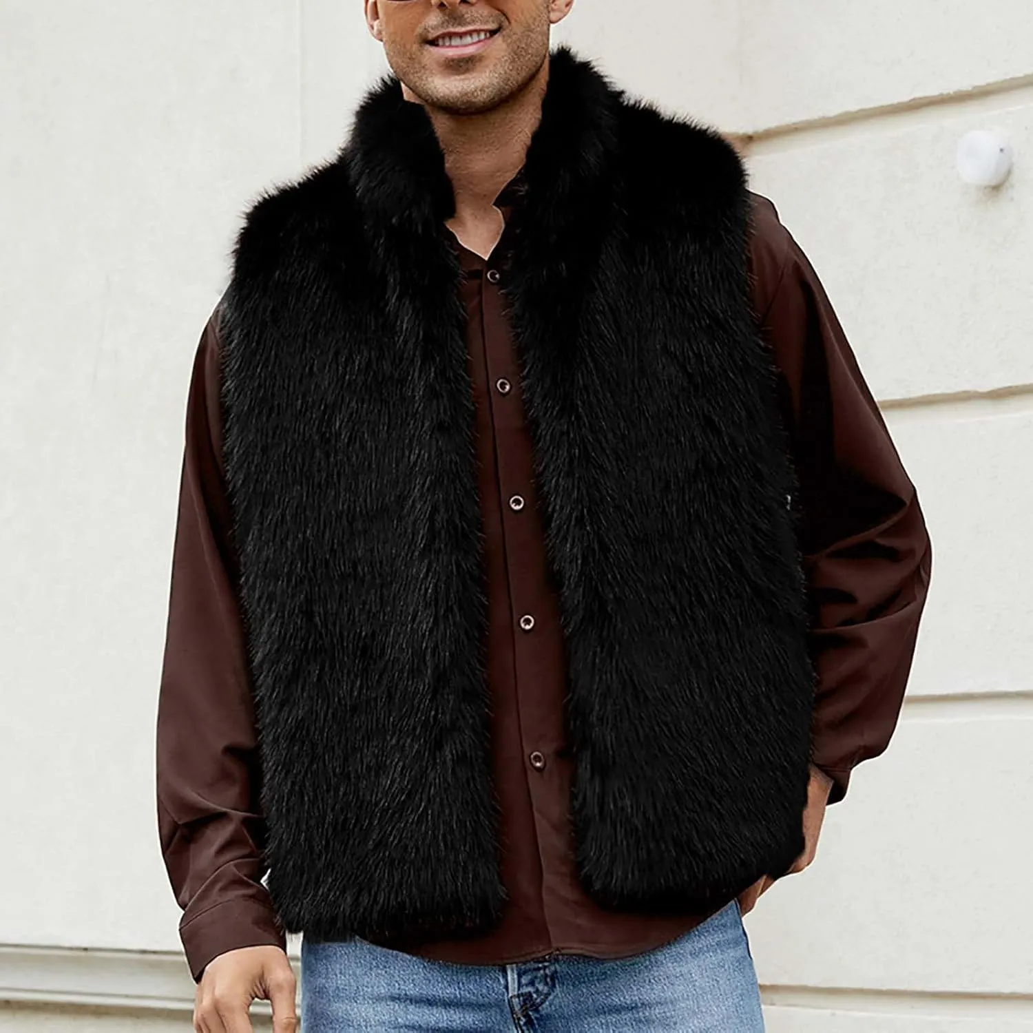 yardsong Faux Fur Vest Men Luxury Faux Fur Hoodie Gilet Coats Fashion Open Front Lapel Collar Fluffy Sleeveless Jackets