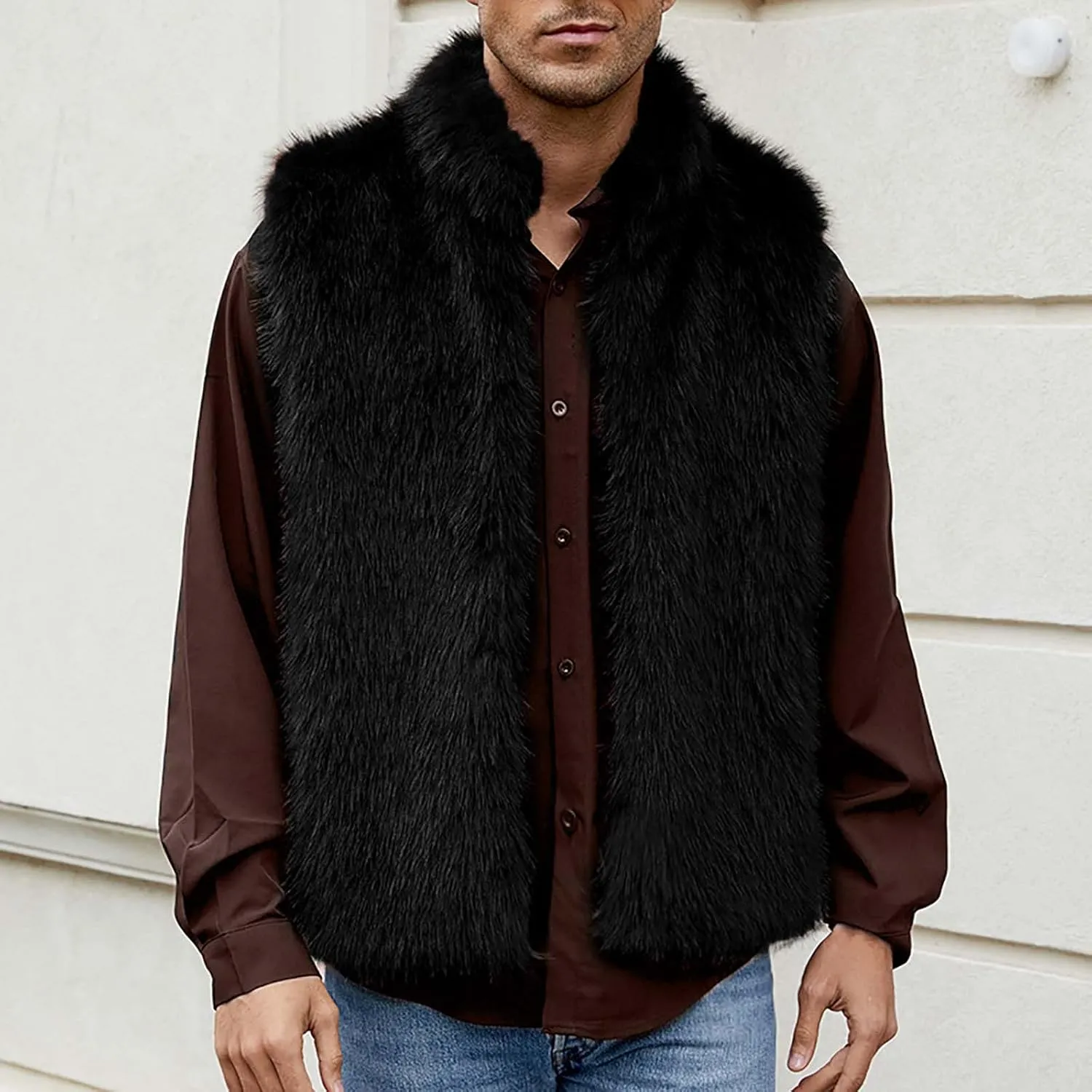 yardsong Faux Fur Vest Men Luxury Faux Fur Hoodie Gilet Coats Fashion Open Front Lapel Collar Fluffy Sleeveless Jackets